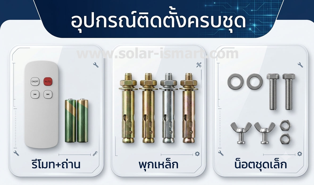 อุปกรณ์ติดตั้งไฟถนนโซล่าเซลล์ครบชุด รีโมท พุก น็อต