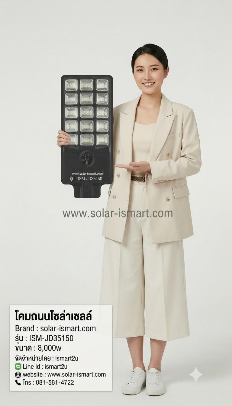 ภาพพรีเซ็นเตอร์ โคมไฟถนนโซล่าเซลล์ JINDIAN ISM-JD35150 8,000W ของแท้